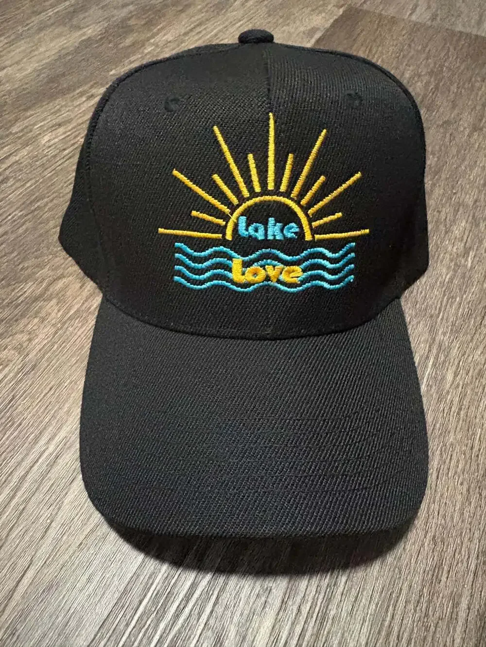 Lake Love Embroidered Black Adjustable Hat Sun Water NEW